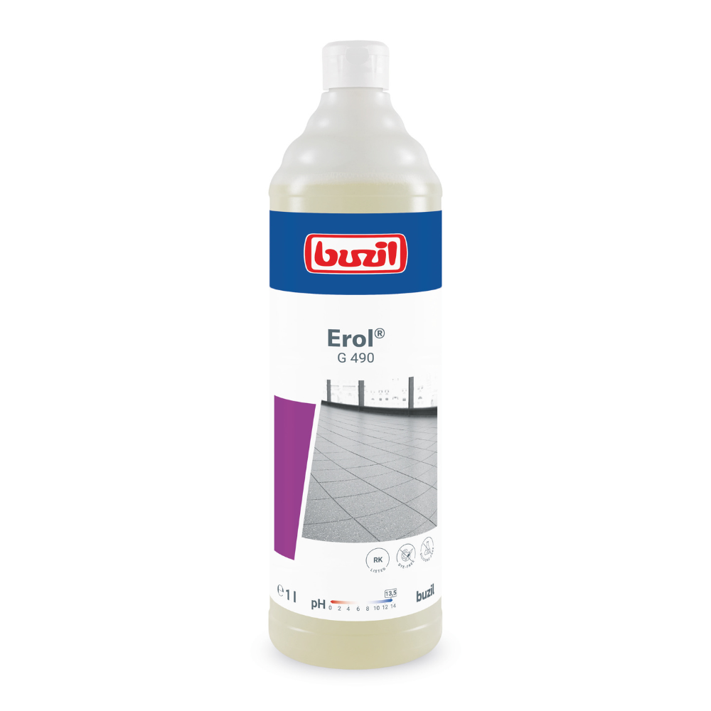 The 1-liter bottle of Buzil Erol® G 490 Alkaline Intensive Cleaner for porcelain stoneware tiles by BUZIL-WERK Wagner GmbH & Co. KG features a red logo and a tile floor motif. The white bottle with a blue-white label ensures deep pore cleaning of various floor coverings, including porcelain stoneware tiles.