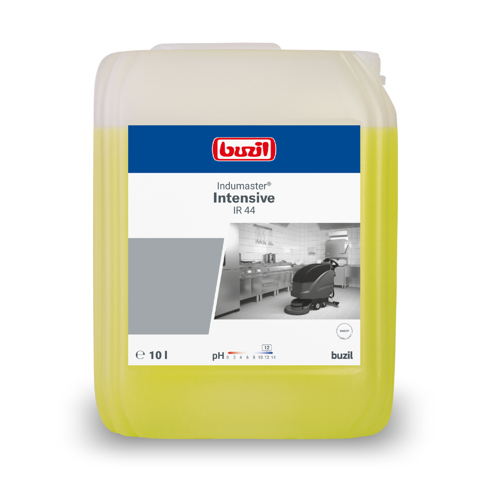 A white-blue 10-liter canister from BUZIL-WERK Wagner GmbH & Co. KG with the inscription "Buzil Indumaster® Intensive IR 44 Phosphate-Free Kitchen Industrial Cleaner" shows the image of a cleaning machine in an industrial environment as well as information on the pH value. It is perfect for professional kitchens.