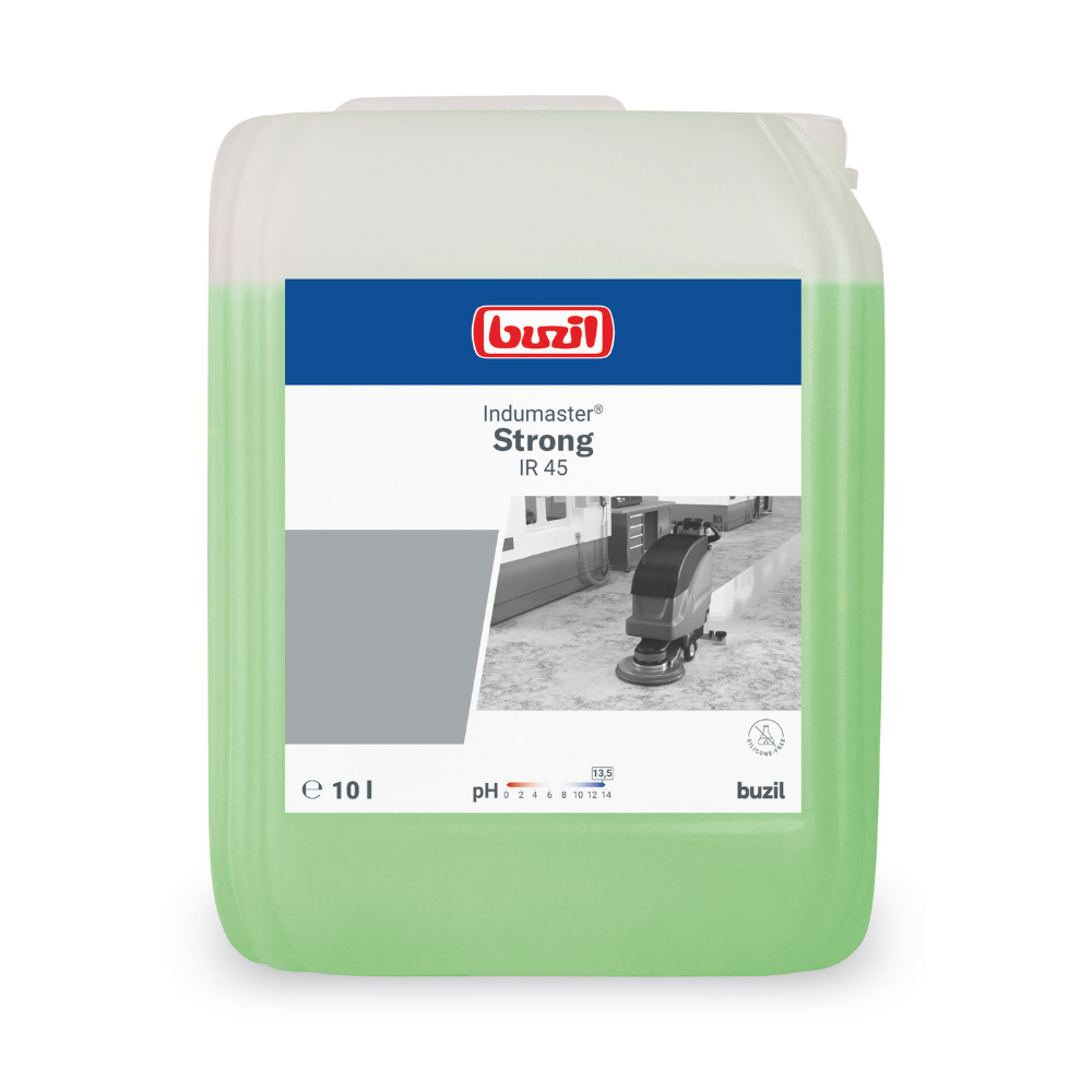 A 10-liter container of Buzil Indumaster® Strong IR 45 High-Alkaline High-Performance Industrial Cleaner, designed for use on alkali-resistant floors. The label shows a cleaning machine on a polished surface, and the light green liquid inside shines. The container's carrying handle is conveniently placed at the top right. This product is from BUZIL-WERK Wagner GmbH & Co. KG.