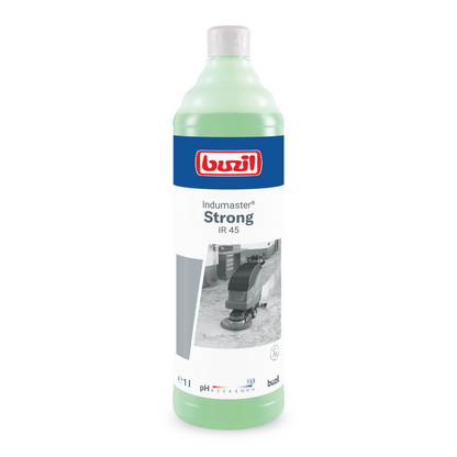 A 1-liter bottle of Buzil Indumaster® Strong IR 45, a high-alkaline industrial floor cleaner, ideal for alkali-resistant floors. The label features a blue-red design and a grayscale image of a floor cleaning machine, while the light green liquid inside ensures thorough fire damage restoration.