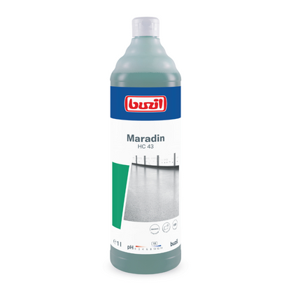 The 1-liter bottle Buzil Maradin HC 43 Highly Concentrated All-Purpose Intensive Cleaner from BUZIL-WERK Wagner GmbH & Co. KG is optimal for removing oil and grease stains on water-resistant surfaces. The blue-white-green label shows a floor image and provides information about the product's pH value and application instructions.