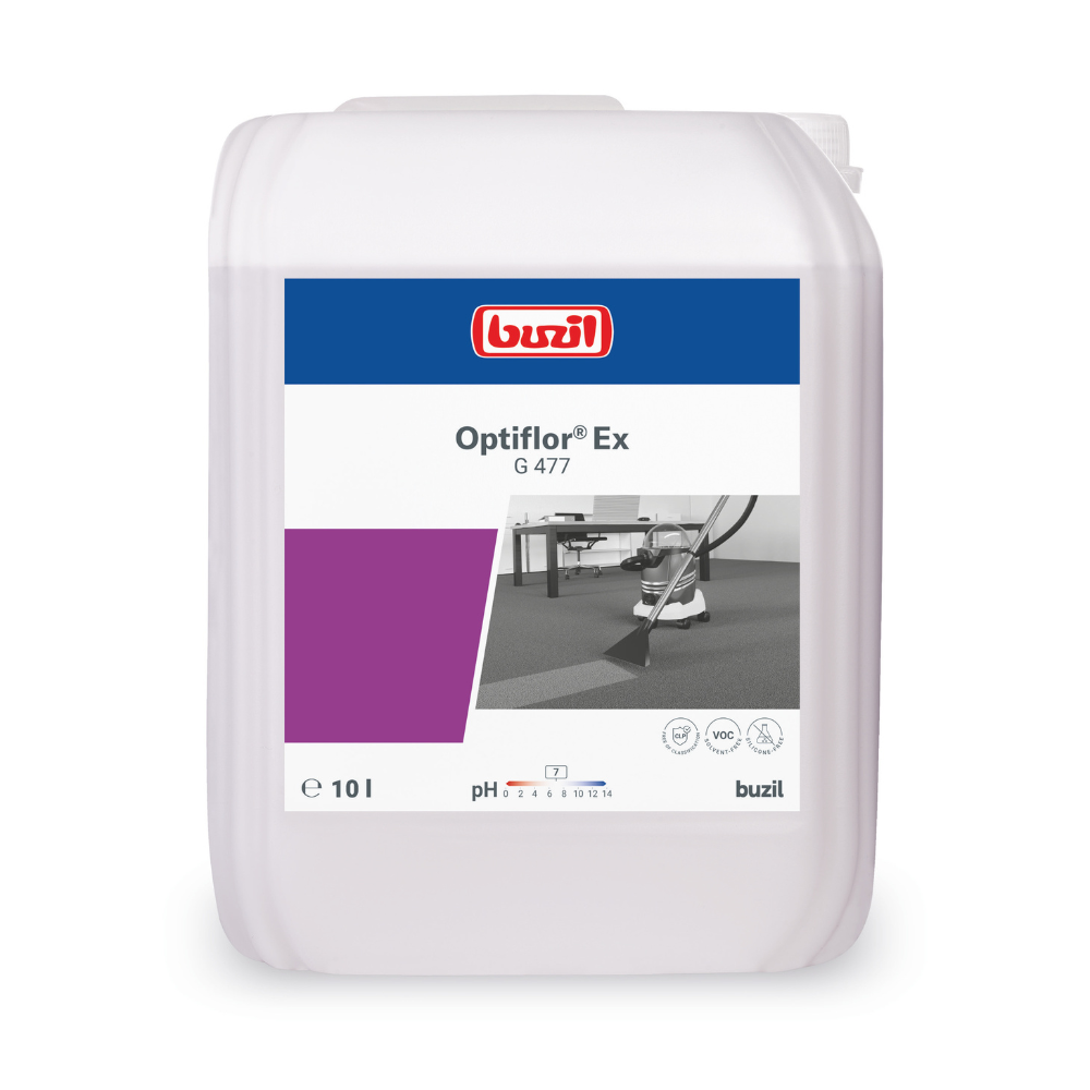 A 10-liter container of Buzil Optiflor® Ex G 477 carpet cleaner from BUZIL-WERK Wagner GmbH & Co. KG, specially developed for pH-neutral carpet cleaning. The label shows a photo of a cleaning machine on carpet, with pH information and various certification symbols clearly highlighted, making it ideal for spray extraction methods.