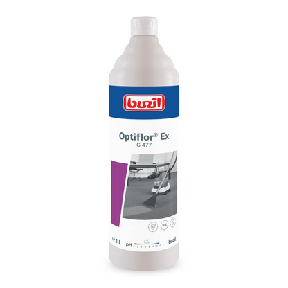 A 1-liter bottle of Buzil Optiflor® Ex G 477 carpet cleaner from BUZIL-WERK Wagner GmbH & Co. KG, specifically developed for spray extraction. The label features the distinctive blue-red logo next to a black-and-white floor image with detailed product information. This pH-neutral cleaner is perfect for versatile cleaning applications.