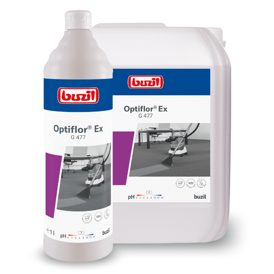 The image shows two containers of Buzil Optiflor® Ex G 477 carpet pre-cleaner for spray-extraction carpet cleaning: a white bottle and a large canister, both bearing the branding of BUZIL-WERK Wagner GmbH & Co. KG.