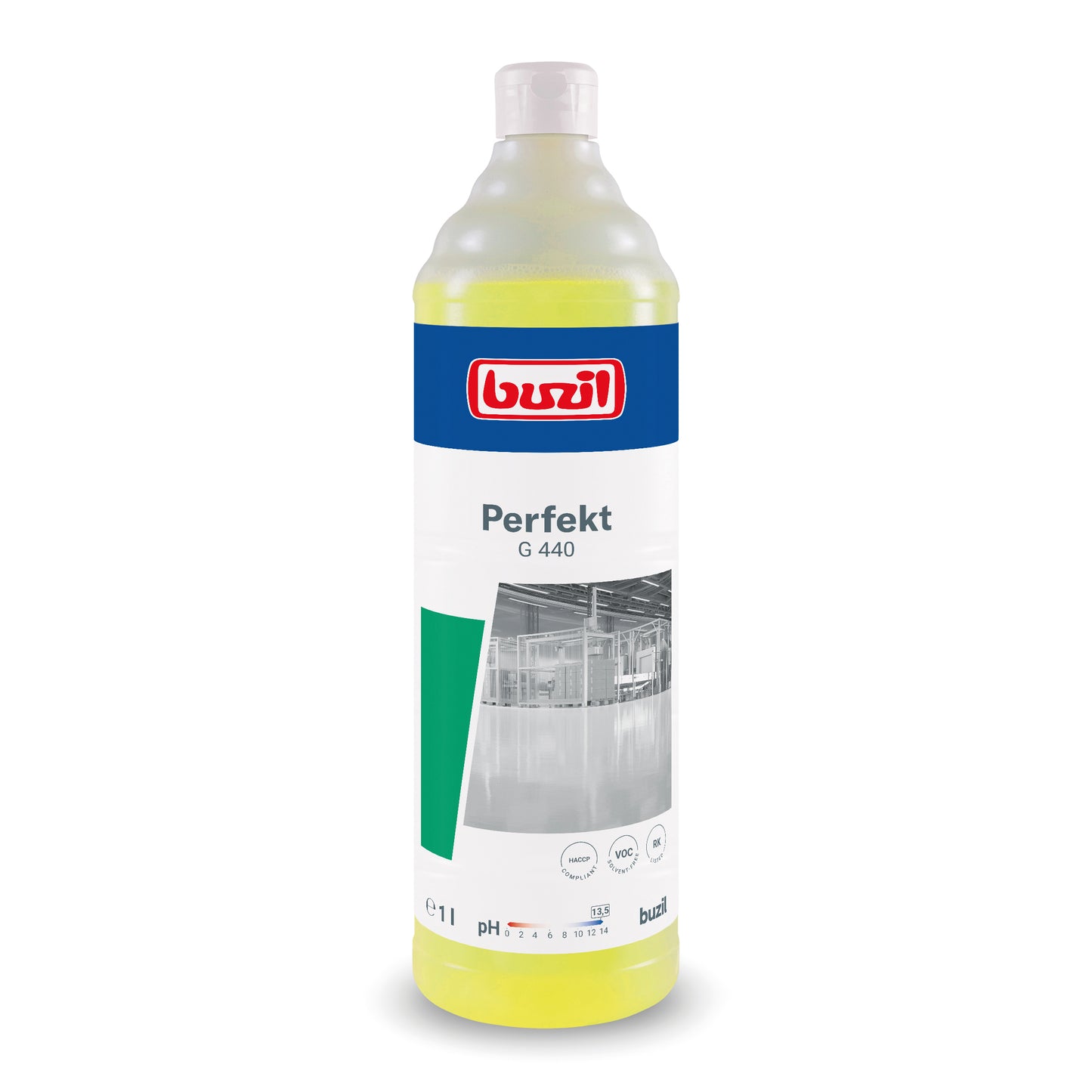 A 1-liter bottle of Buzil Perfekt G 440 Alkaline Intensive Power Cleaner Floor Cleaner from BUZIL-WERK Wagner GmbH & Co. KG is perfect for treating oil and grease-containing surfaces. The label combines blue, white, and green accents with a cleanroom image showing the pH value and usage symbols, and is sealed with a white cap.