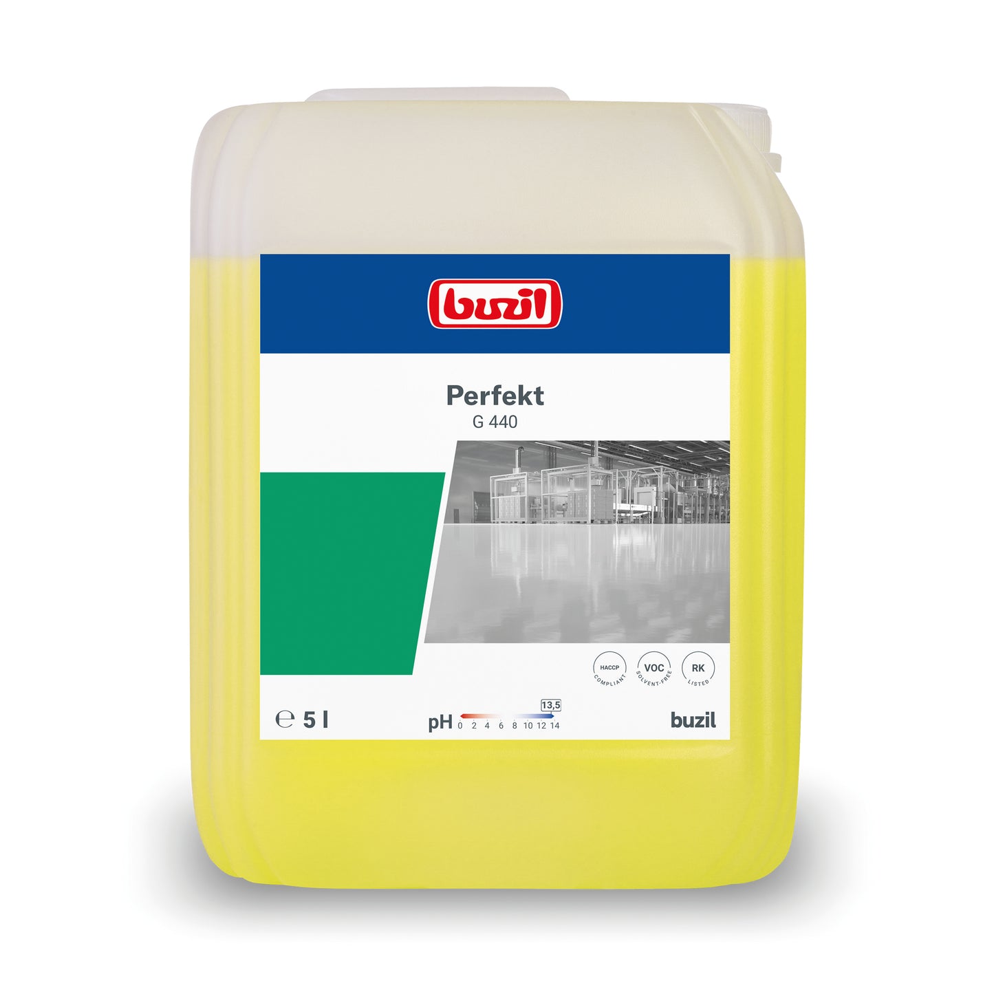 A 5-liter container of Buzil Perfekt G 440 Alkaline Intensive Power Cleaner Floor Cleaner, manufactured by BUZIL-WERK Wagner GmbH & Co. KG. The label highlights the product name, volume, and a grayscale image of an industrial environment. This floor cleaner container is yellow with a white-green label and ideal for handling stubborn surfaces.