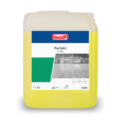 A 5-liter container of Buzil Perfekt G 440 Alkaline Intensive Power Cleaner Floor Cleaner, manufactured by BUZIL-WERK Wagner GmbH & Co. KG. The label highlights the product name, volume, and a grayscale image of an industrial environment. This floor cleaner container is yellow with a white-green label and ideal for handling stubborn surfaces.