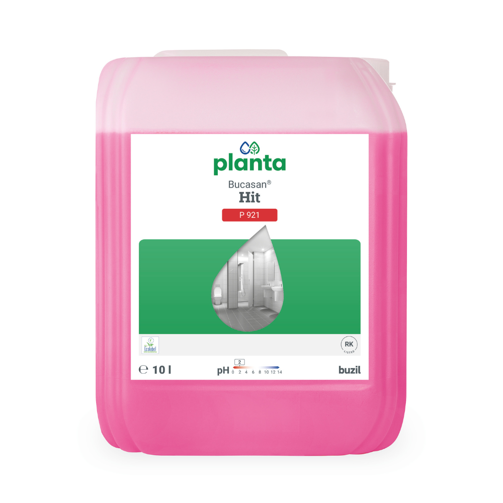 A pink 10-liter container of Buzil Planta Bucasan® Hit P 921, an ecological sanitary maintenance cleaner, bears a green-white label with a water droplet and a bathroom image. The pH-1 formula ensures streak-free shine. The brand name BUZIL-WERK Wagner GmbH & Co. KG is depicted at the bottom right.