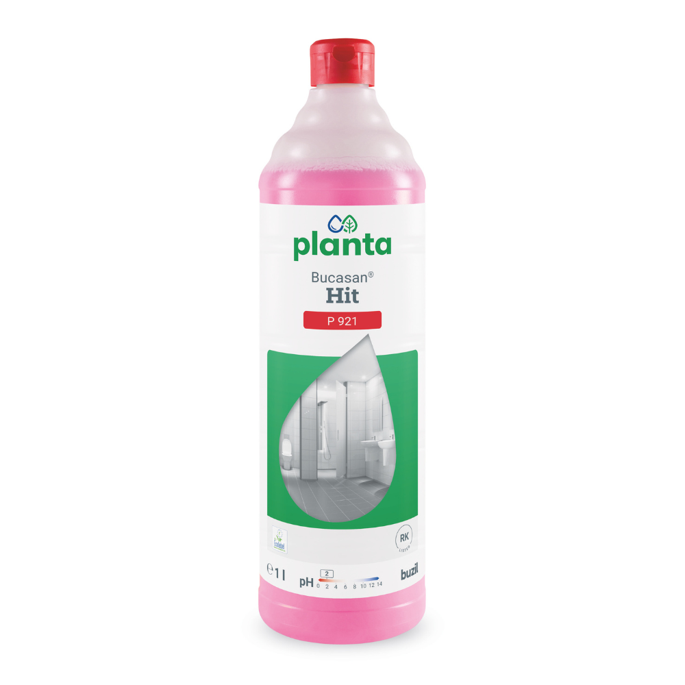 A pink bottle of Buzil Planta Bucasan® Hit P 921, an ecological sanitary maintenance cleaner by BUZIL-WERK Wagner GmbH & Co. KG, features a bathroom on its label to highlight its effectiveness as a limescale remover for streak-free shine. The 1-liter bottle comes with a red cap.