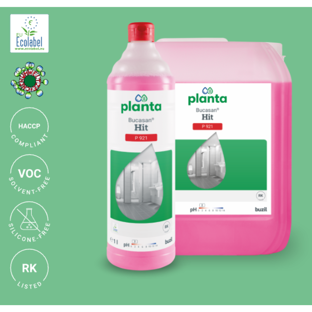 The image shows a pink bottle and a larger pink container of Buzil Planta Bucasan® Hit P 921 Ecological Sanitary Maintenance Cleaner, a product of BUZIL-WERK Wagner GmbH & Co. KG. It is known for its streak-free shine and meets HACCP standards. Additionally, it is free of VOCs and silicone and proudly carries the EU Ecolabel along with symbols highlighting its eco-friendly properties.