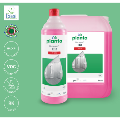 The image shows a pink bottle and a larger pink container of Buzil Planta Bucasan® Hit P 921 Ecological Sanitary Maintenance Cleaner, a product of BUZIL-WERK Wagner GmbH & Co. KG. It is known for its streak-free shine and meets HACCP standards. Additionally, it is free of VOCs and silicone and proudly carries the EU Ecolabel along with symbols highlighting its eco-friendly properties.