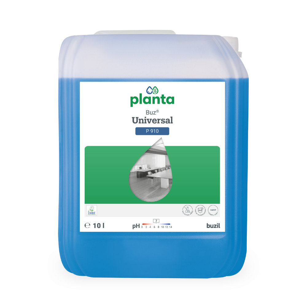 A 10-liter container with blue liquid branded as "Buzil Planta Buz® Universal P 910 Ecological Universal Cleaner" conveys a clean kitchen image and emphasizes its pH-neutral formula with 7. The brand name BUZIL-WERK Wagner GmbH & Co. KG is depicted below. This all-purpose cleaner is certified with the EU Ecolabel.