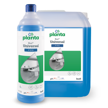 Displayed are a bottle and a large container of Buzil Planta Buz® Universal P 910 Ecological Universal Cleaner, each containing a blue liquid. The labels show a kitchen image, product details, and a lime green color block highlighting the certification with the EU Ecolabel.