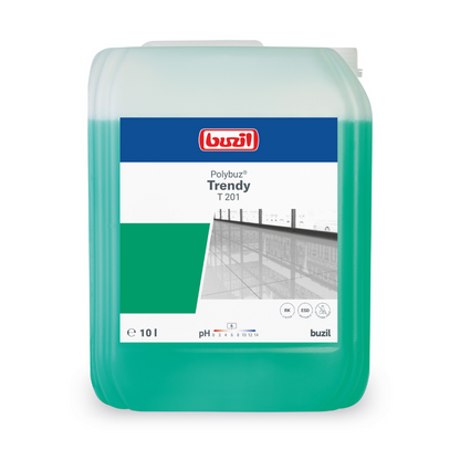 A 10-liter plastic container in white and green contains Buzil Polybuz® Trendy T 201 gloss cleaner based on alcohol, manufactured by BUZIL-WERK Wagner GmbH & Co. KG. The front label contains product details and a small image of a tiled floor.
