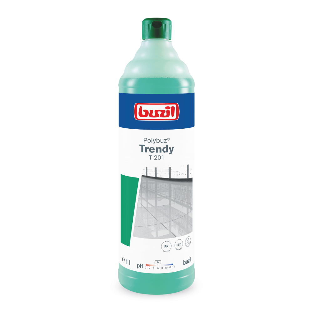 The image shows a green-white 1-liter bottle with the inscription “Buzil Polybuz® Trendy T 201 gloss cleaner based on alcohol”. The label contains a blue-white logo of BUZIL-WERK Wagner GmbH & Co. KG at the top, accompanied by a small shelf image as well as additional text and symbols.