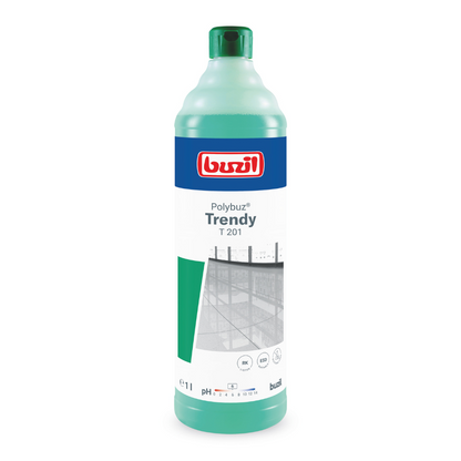 The image shows a green-white 1-liter bottle with the inscription “Buzil Polybuz® Trendy T 201 gloss cleaner based on alcohol”. The label contains a blue-white logo of BUZIL-WERK Wagner GmbH & Co. KG at the top, accompanied by a small shelf image as well as additional text and symbols.