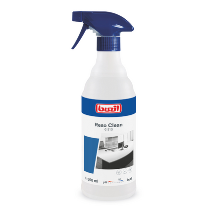 A 600 ml spray bottle of Buzil Reso Clean G 515 Ready-to-Use Spray Cleaner from BUZIL-WERK Wagner GmbH & Co. KG has a white body with a blue label and cap, as well as a spray nozzle. It ensures a streak-free shine and the label contains an image and detailed product information.