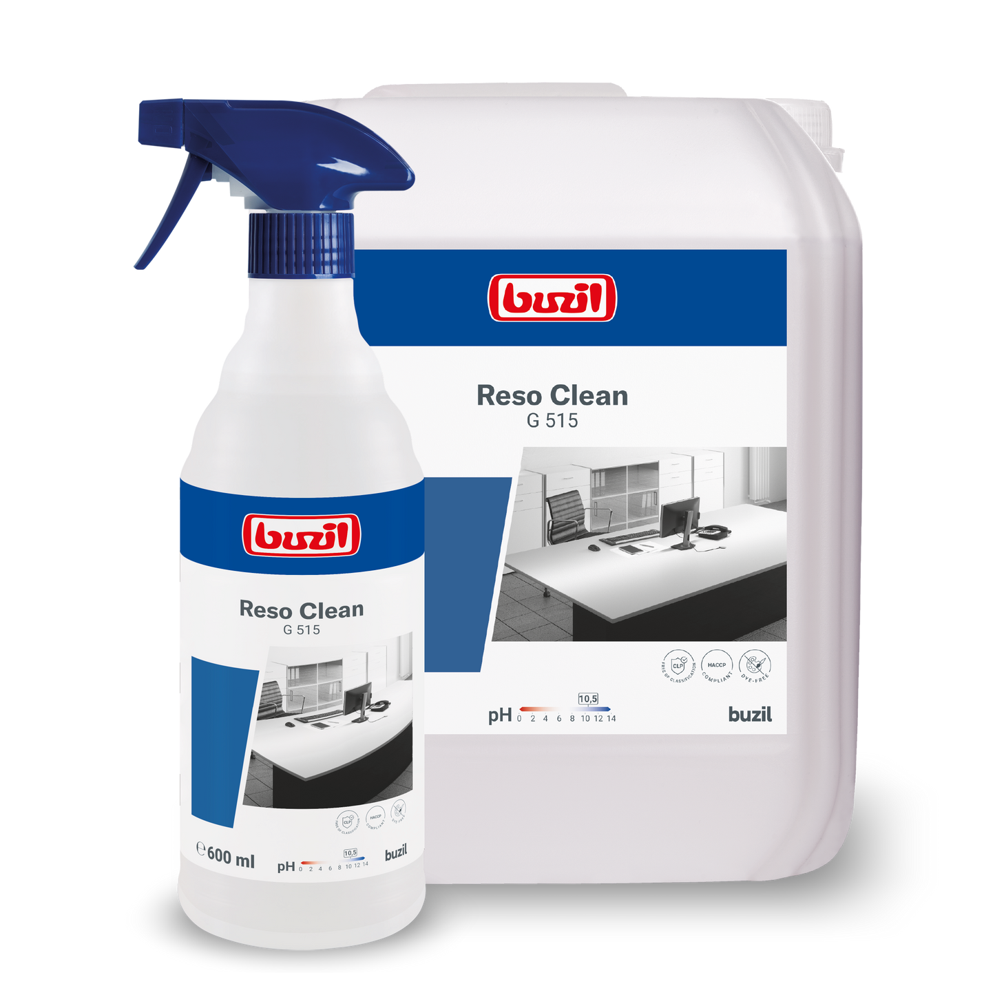 Two containers of Buzil Reso Clean G 515 Ready-to-Use Spray Cleaner from BUZIL-WERK Wagner GmbH & Co. KG are shown, emphasizing their powerful cleanliness. The smaller one is a spray bottle and the larger one is a refill container. Both have blue labels with product details and branding for a streak-free shine.