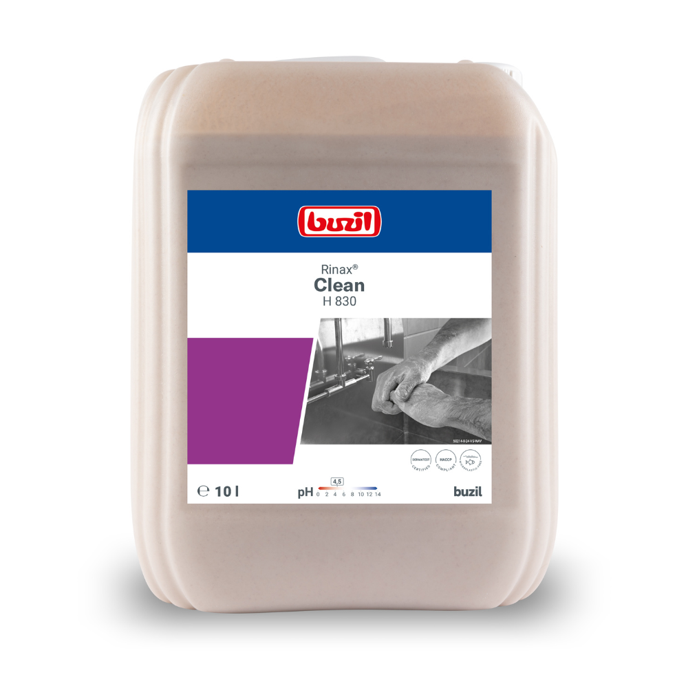A 10-liter container of Buzil Rinax® Clean H 830 hand wash lotion from BUZIL-WERK Wagner GmbH & Co. KG ensures gentle cleaning and features a blue-violet label with detailed product information. The label shows a black-and-white image of a person cleaning a surface, representing professional hygiene.
