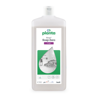 A white one-liter bottle of Buzil Rinax® Soap Zero P 960 Ecological Hand Wash Lotion by BUZIL-WERK Wagner GmbH & Co. KG features an image on the label of hands being washed under a faucet, highlighting its skin-friendly properties. The clear and practical design of the bottle emphasizes essential product details and logos.