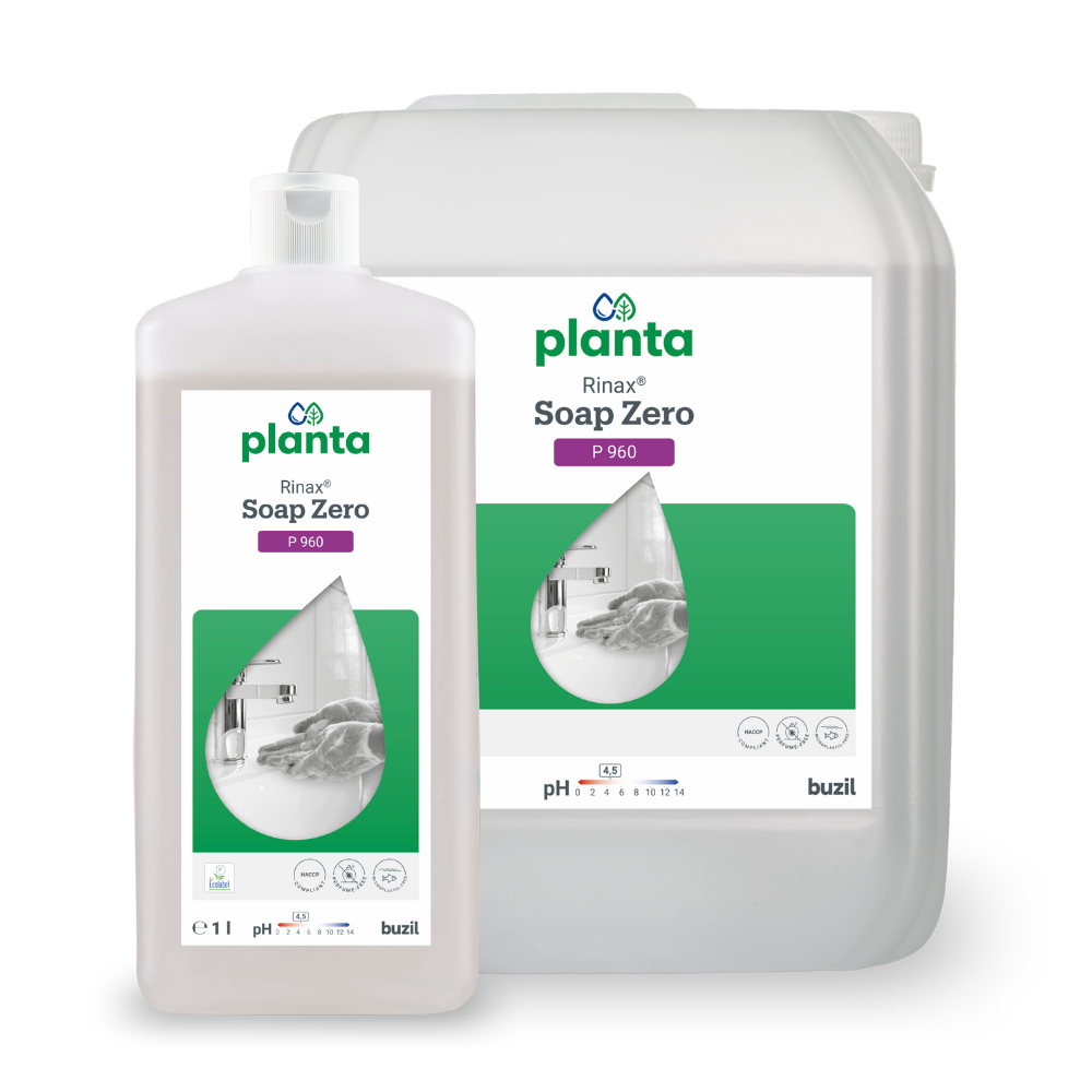 Image of two containers Buzil Rinax® Soap Zero P 960 Ecological Hand Wash Lotion by BUZIL-WERK Wagner GmbH & Co. KG. The smaller bottle is in front of a larger jug. Both have white labels with a green droplet shape, a kitchen image, and pH information. This soap, known for its skin-friendliness, supports sustainable cleaning practices with environmentally friendly ingredients.