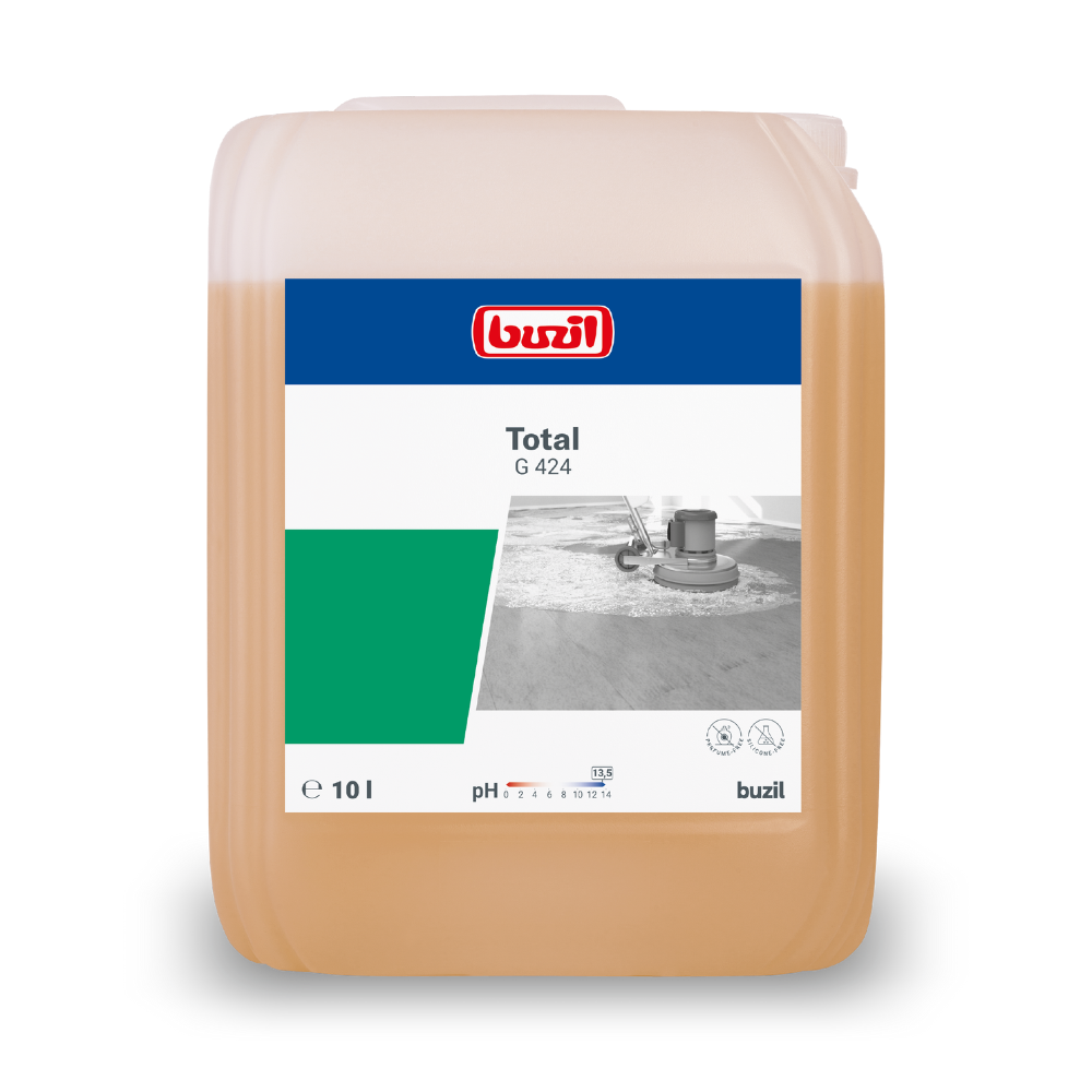 A 10-liter container of Buzil Total G 424 highly alkaline basic cleaner from BUZIL-WERK Wagner GmbH & Co. KG, perfect for commercial use. This beige, highly alkaline liquid is depicted on the label with the graphic of a floor cleaning machine and features a practical carrying handle on the top for easy transport.