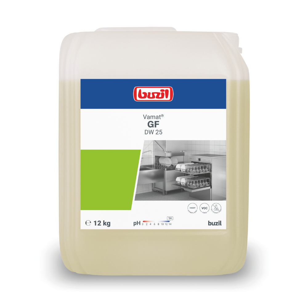 Ein 12-kg-Behälter Buzil Vamat® GF DW 25 Flüssiger Glas- und Geschirrspülreiniger, alkalisch von BUZIL-WERK Wagner GmbH & Co. KG zeigt ein Küchenbild, Produktdetails und Logos. Seine rechteckige Form mit einem oberen Griff zeigt ein grün-weißes Etikettendesign, das seine hochkonzentrierte Formel für effiziente Reinigung hervorhebt.