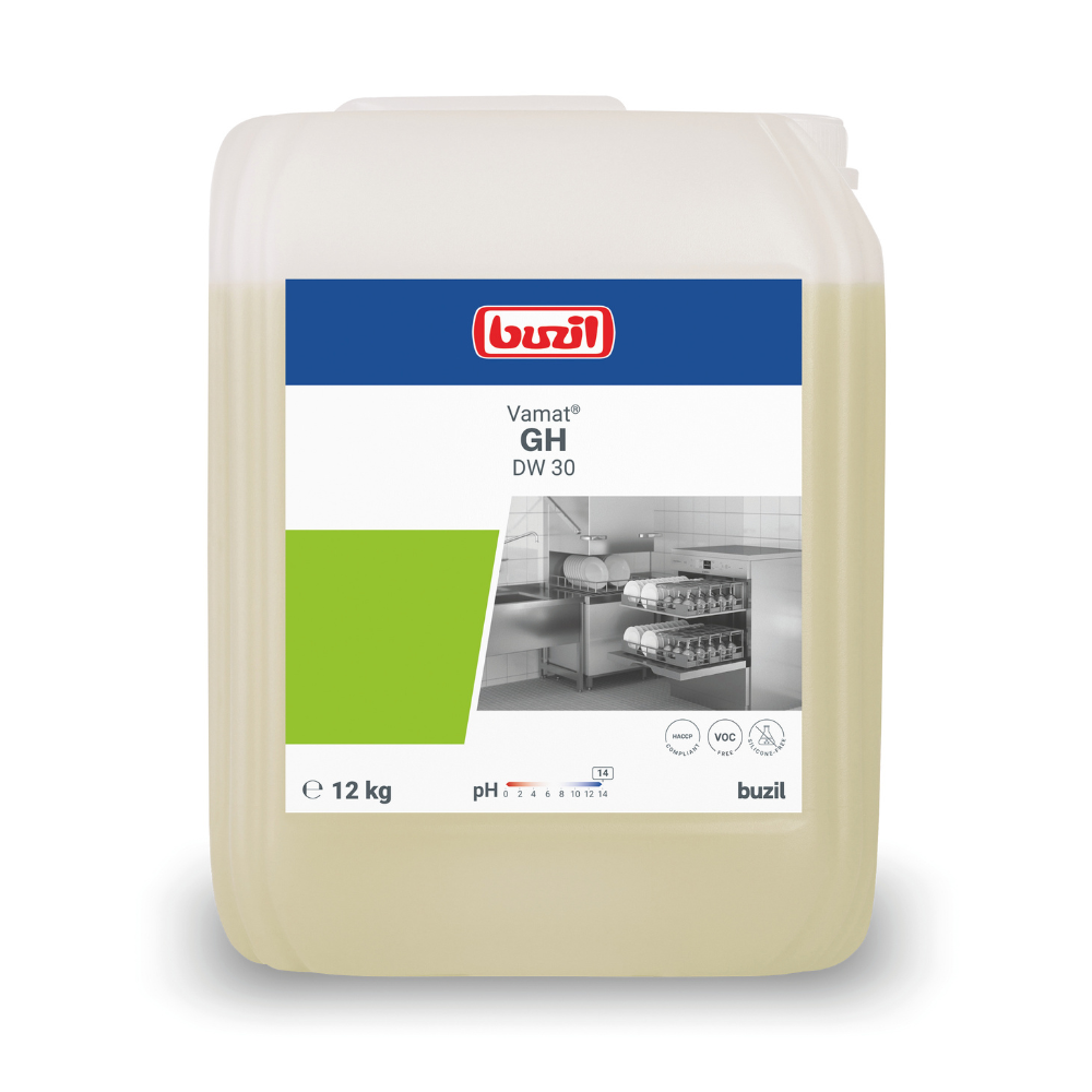 On a white 12-kg container labeled “Buzil Vamat® GH DW 30 Liquid Dishwashing Detergent, Highly Alkaline” from BUZIL-WERK Wagner GmbH & Co. KG, there is a label with a product image and symbols for pH value and safety instructions.