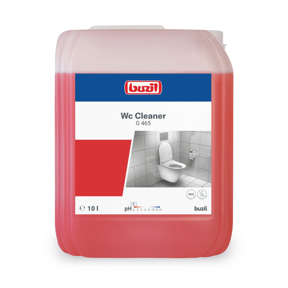 Ein großer 10-Liter-Behälter mit Buzil WC Cleaner G 465 Viskoser Sanitärgrundreiniger von BUZIL-WERK Wagner GmbH & Co. KG enthält eine rote Flüssigkeit, die sich perfekt zum Entfernen von Kalk- und Urinstein eignet. Das Etikett enthält den Produktnamen, eine Beschreibung, Angaben zum pH-Wert und ein Graustufenbild einer Toilette.