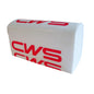 A stack of CWS folded paper zig-zag cellulose, M-fold, 3-ply, high white, with the lettering "CWS" in bold red letters on the side, depicted on a white background. Package: 20 pieces per carton. Brand: CWS.