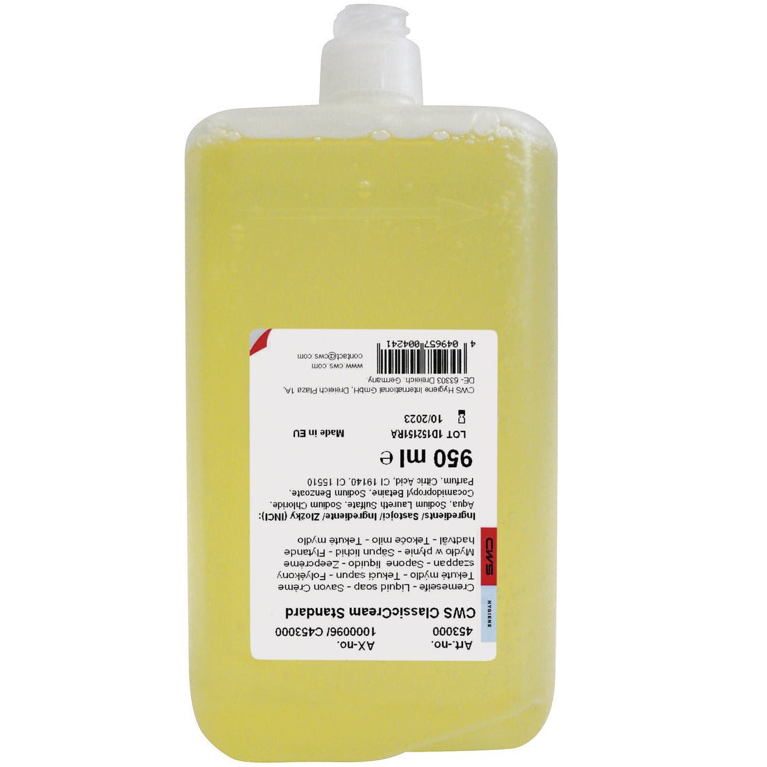 A transparent, rectangular CWS plastic bottle (950 ml) is filled with high-quality, yellow soap cream. On the inverted bottle, there is a white-red label with multilingual information. Enjoy a pleasant skin feeling with every use.