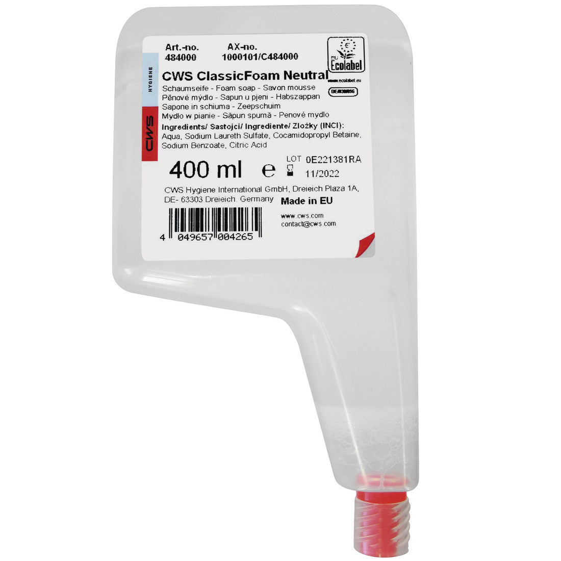 A 400 ml bottle of CWS soap foam concentrate standard has a white label with product information, barcode, and a red screw cap at the bottom. The label lists the ingredients, the manufacturer (CWS), and the expiration date.