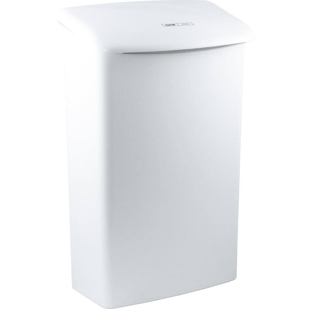 The CWS ParadiseLine hygiene container Touch is a rectangular, white, wall-mounted hygiene container with a curved lid and subtle label, enabling hygienic waste disposal in any toilet.