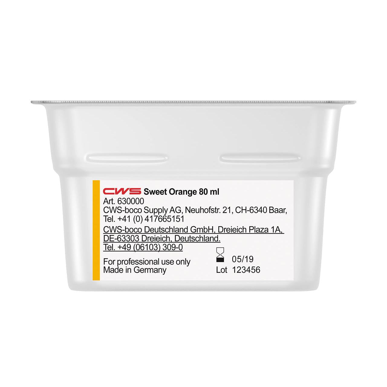 A rectangular 80 ml plastic container labeled "CWS ParadiseLine Washroom Fragrance for Fragrance Dispenser Paradise Air Bar" by CWS, with the company's contact details, manufacturer information, and application instructions in black lettering on a white background.