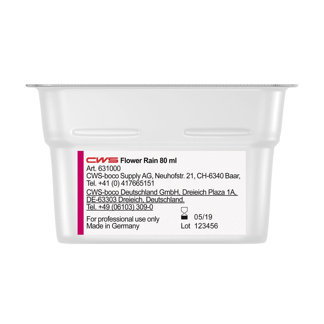 A rectangular 80 ml CWS ParadiseLine Washroom Fragrance for Fragrance Dispenser Paradise Air Bar labeled "CWS Flower Rain" with product, company, and contact information as well as instructions for use. Made in Germany. Valid: 05/19. Batch: 123456. Ideal as a washroom fragrance.