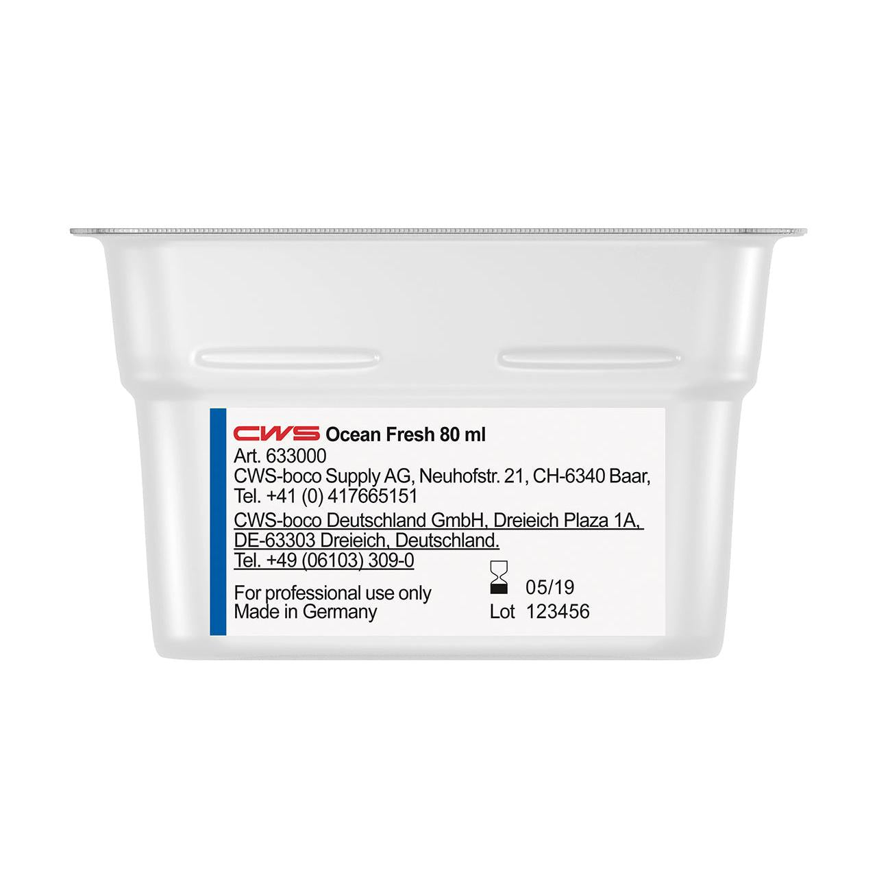 A white 80 ml container labeled "CWS ParadiseLine Washroom Fragrance for Fragrance Dispenser Paradise Air Bar" by CWS, made in Germany for professional use, with instructions and contact information; expiration date 05/19, batch number 123456.