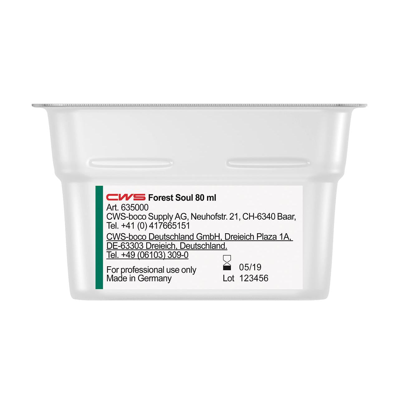 A rectangular white container labeled "CWS ParadiseLine Washroom Fragrance for Fragrance Dispenser Paradise Air Bar" by CWS displays product and company information, contact details, the manufacturing date (05/19), and the batch number (123456) on a white label.