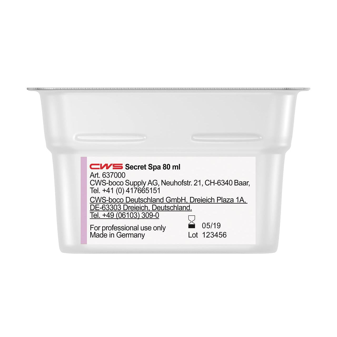 A white 80 ml plastic container labeled "CWS ParadiseLine Washroom Fragrance for Fragrance Dispenser Paradise Air Bar" by CWS, with contact information, batch 123456, date 05/19, "Made in Germany," and "For professional use only."