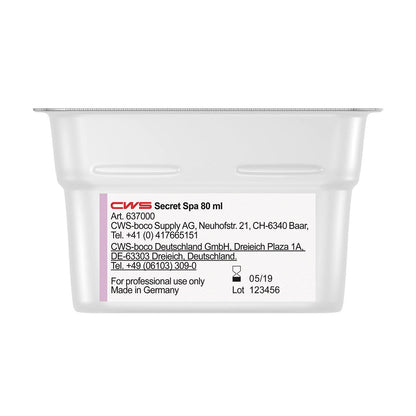 A white 80 ml plastic container labeled "CWS ParadiseLine Washroom Fragrance for Fragrance Dispenser Paradise Air Bar" by CWS, with contact information, batch 123456, date 05/19, "Made in Germany," and "For professional use only."