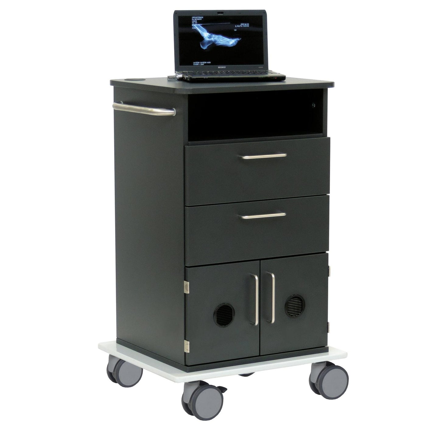 The Novocal computer cart Model II features a robust full plastic housing, three drawers, two lower cabinet doors, a side handle, and four large wheels. On this versatile Novocal product, there is a laptop with an X-ray image.