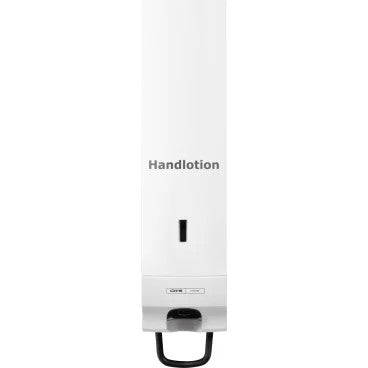 The CWS front panel for Foam Slim soap foam dispensers is a white wall panel with the inscription "Hand lotion", featuring an elegant design with a small window and a black lever at the bottom for dispensing.