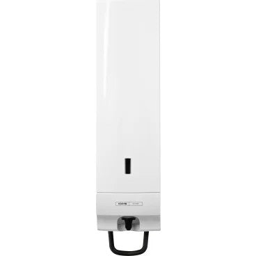 The CWS front panel for Foam Slim Non-Touch soap foam dispensers is a white, wall-mounted panel with a small vertical viewing window for the liquid level and a black push lever at the bottom.