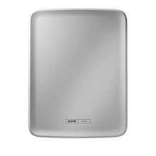 Ein rechteckiges, silberfarbenes CWS PureLine Frontpanel für den Paperroll NT Hybrid Spender aus robustem Metall mit leicht erhöhten Kanten und kleinem Logo an einer Seite, fotografiert vor weißem Hintergrund.