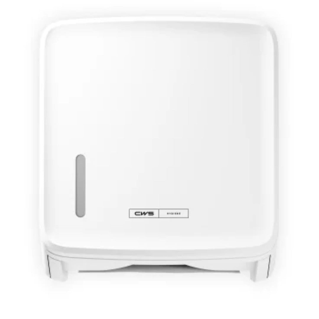 The CWS PureLine Paper Folded Paper Dispenser (1 piece) by CWS is a white, wall-mounted dispenser with a rectangular design, small vertical window on the left side, and CWS logo on the front for hygienic paper storage.
