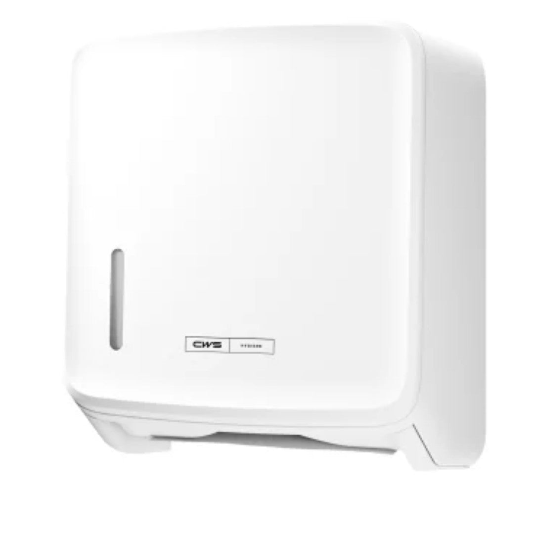 The CWS PureLine Paper Folded Paper Dispenser | Pack (1 piece) by CWS is a white, wall-mounted dispenser with a front window and bottom slot, ensuring hygienic storage and a modern appearance.