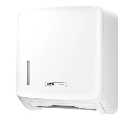 The CWS PureLine Paper Folded Paper Dispenser | Pack (1 piece) by CWS is a white, wall-mounted dispenser with a front window and bottom slot, ensuring hygienic storage and a modern appearance.