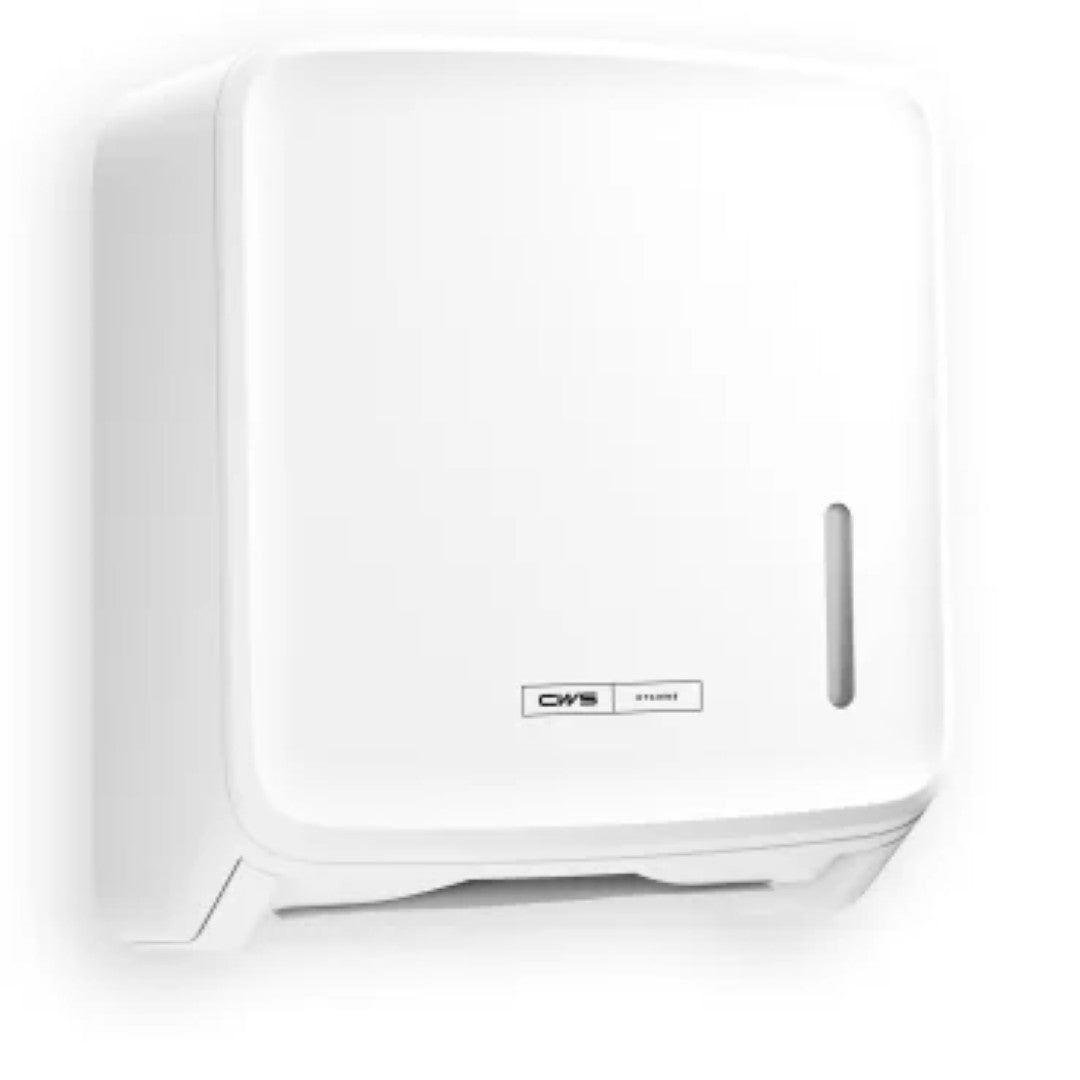 The CWS PureLine Paper Folded Paper Dispenser | Pack (1 piece) by CWS is a white, wall-mounted dispenser with a vertical viewing window to monitor paper supply and a brand label, ideal for hygienic storage, depicted on a plain white background.
