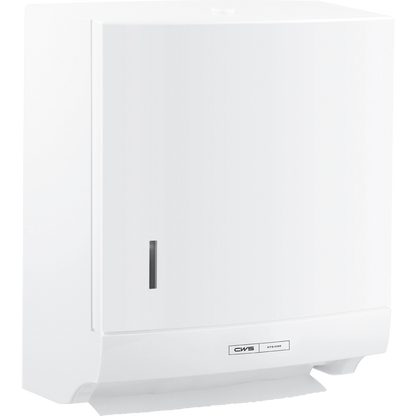 The CWS ParadiseLine Paper Slim folded paper towel dispenser in white with push button offers hygienic, wall-mounted paper dispensing and features a slim design as well as a panel for fill level control.