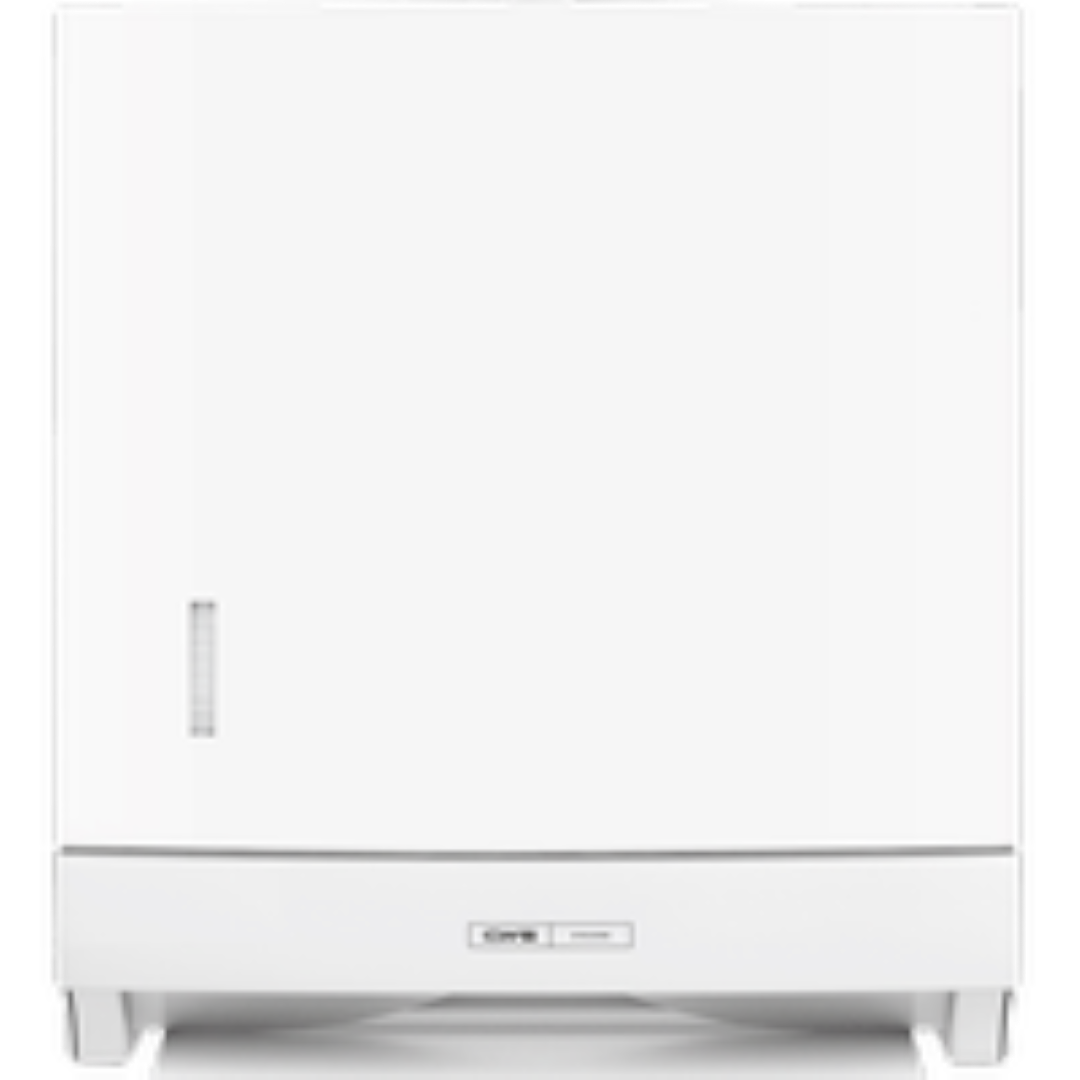 Front view of the CWS ParadiseLine Paper Slim folded paper towel dispenser in white with modern design, a small vertical handle on the left side, a control panel with push button in the lower center, and a focus on hygienic operation.