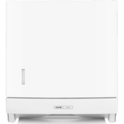 Front view of the CWS ParadiseLine Paper Slim folded paper towel dispenser in white with modern design, a small vertical handle on the left side, a control panel with push button in the lower center, and a focus on hygienic operation.